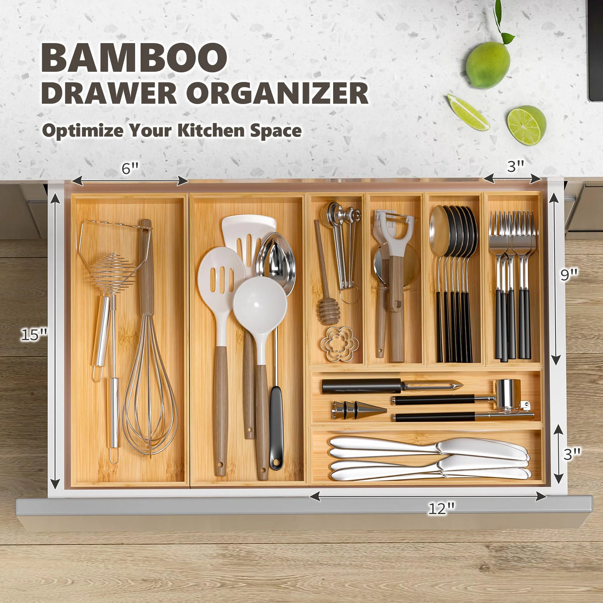 Bamboo Drawer Organizer, Stackable Deep Tray, 15 x 6 x 2.5 Inches, Set of 2, Brown W629