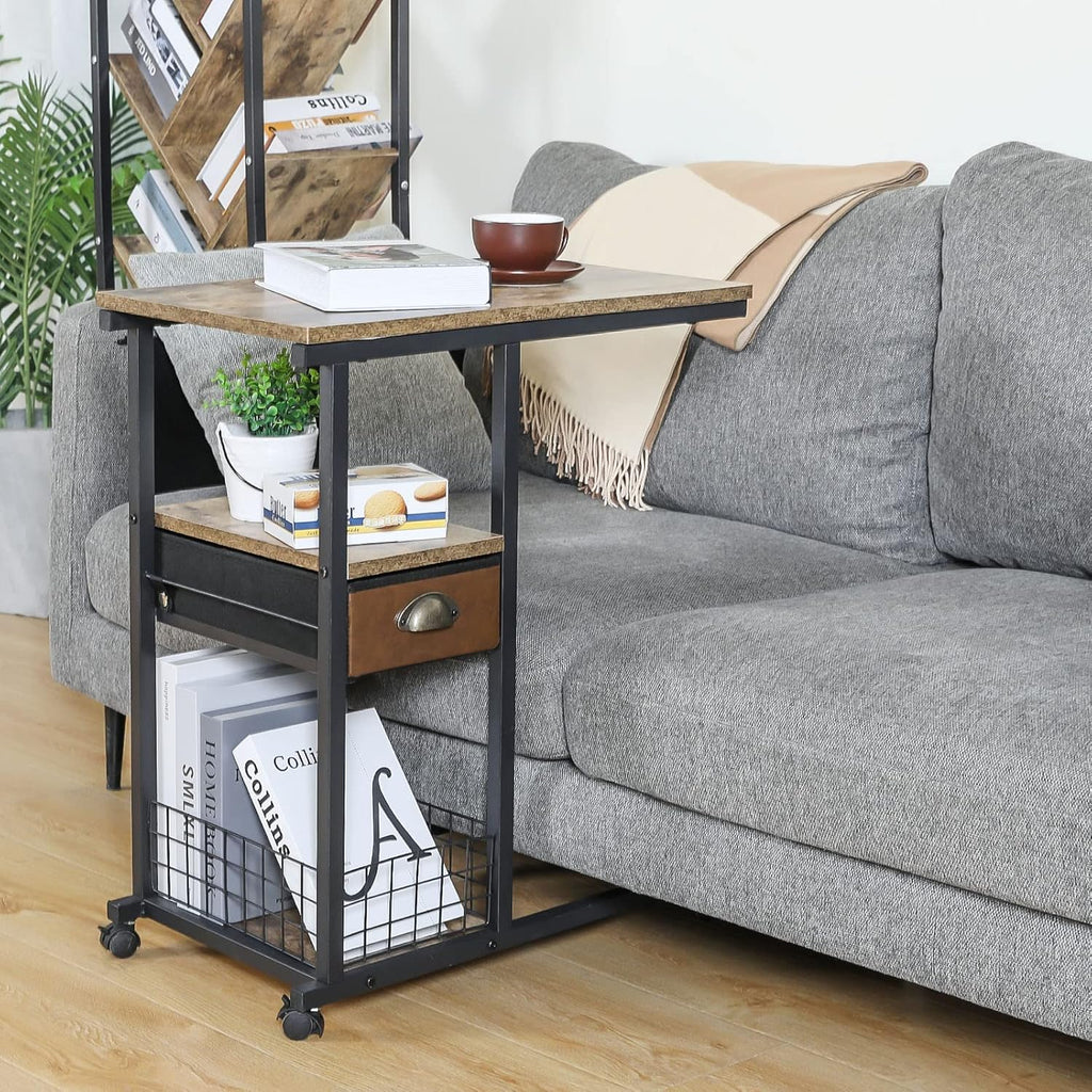 C Shaped Couch Side Table with Drawer, Rolling Bedside Desk C401963