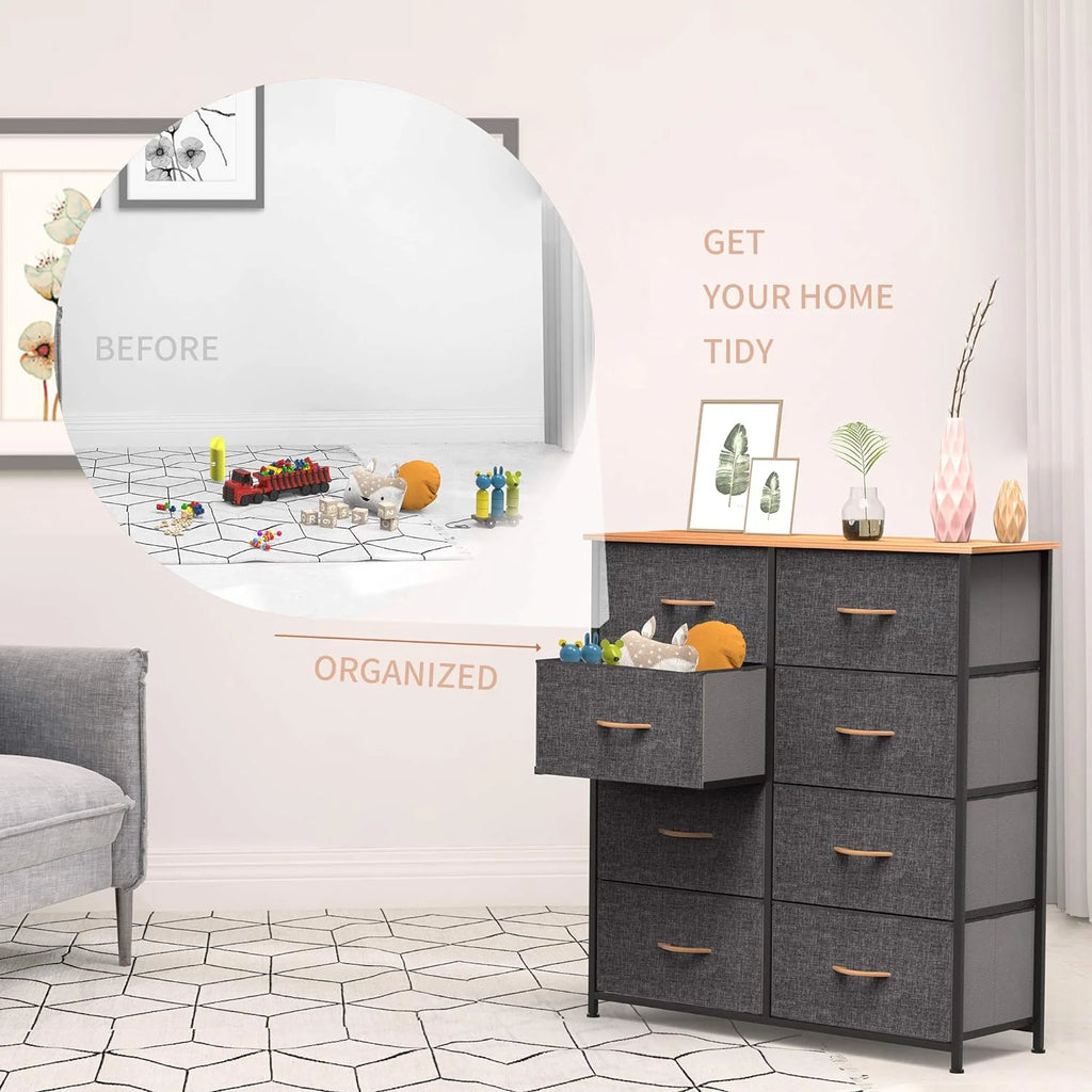 Fabric Dresser with 8 Drawers Steel Frame Wooden Top Dark Gray D4466