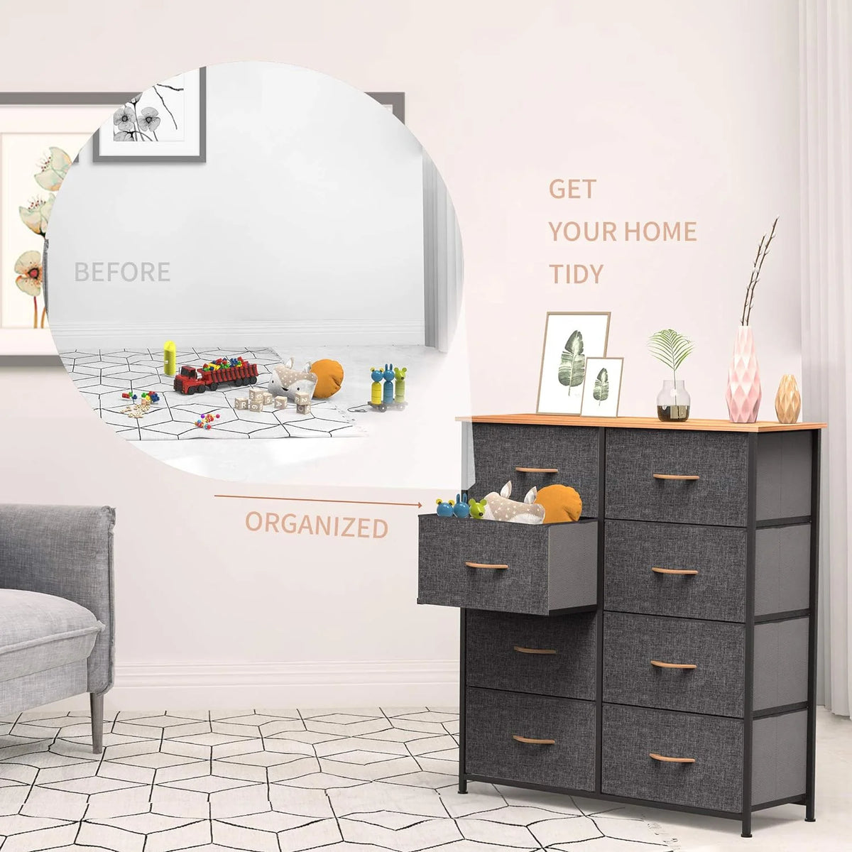Fabric Dresser with 8 Drawers Steel Frame Wooden Top Dark Gray D4466
