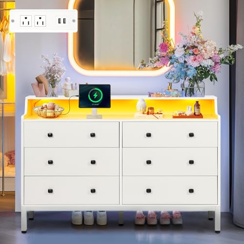 6 Drawer White Wood Dresser with Charging Station K6477
