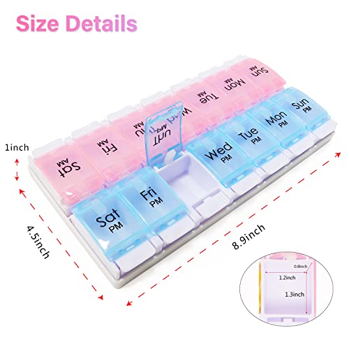 Large 7 Day Pill Organizer 2 Times a Day, AM PM Pill Box, 14 Dividers Vitamin Holder with Push Button M126