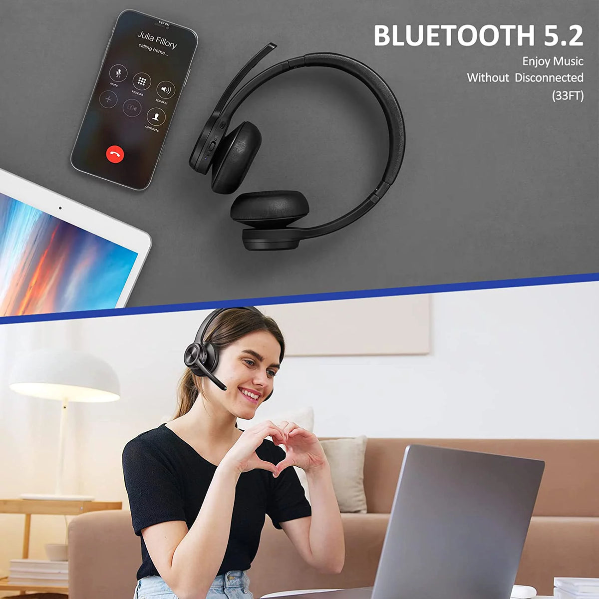 Bluetooth Headset V5.2 Wireless Headphones with Noise Cancelling Microphone L35337