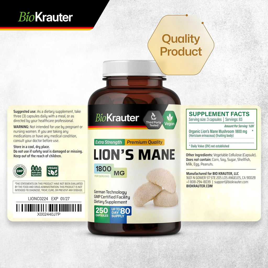 Vegan Organic Lion's Mane Mushroom Supplement Capsules A6234
