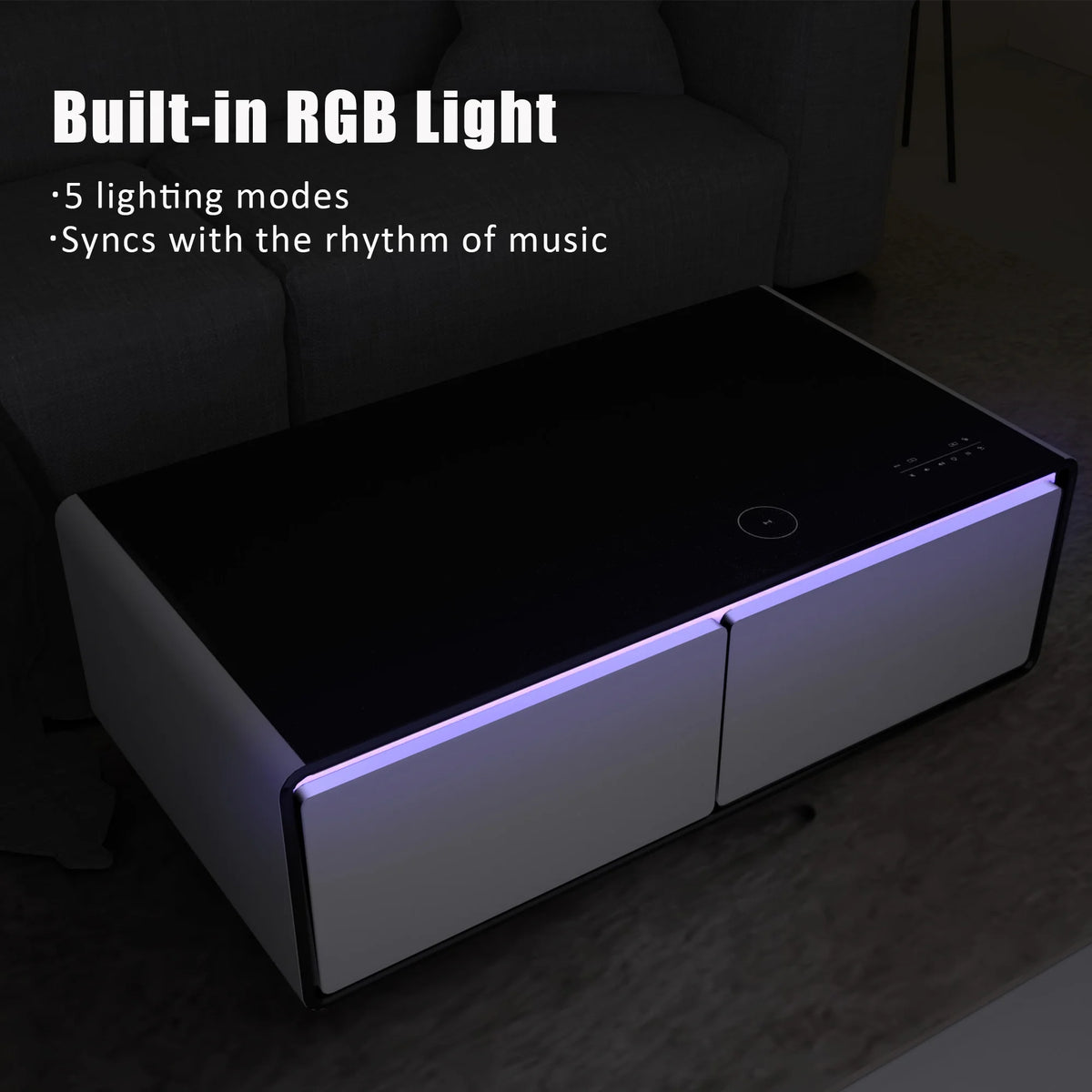 White Smart Coffee Table with Fridge and Bluetooth Speakers K308