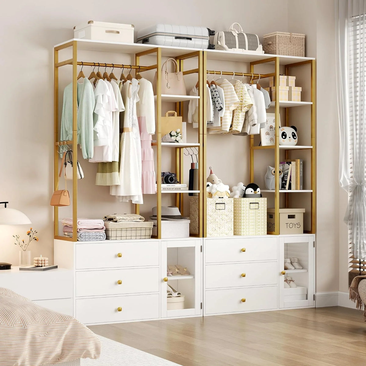 81.2" White Freestanding Closet Organizer with 3 Drawers and Shelves D7832