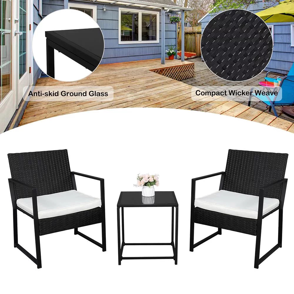 3 Piece Patio Furniture Set with 2 Cushioned Chairs & End Table, Black S2360