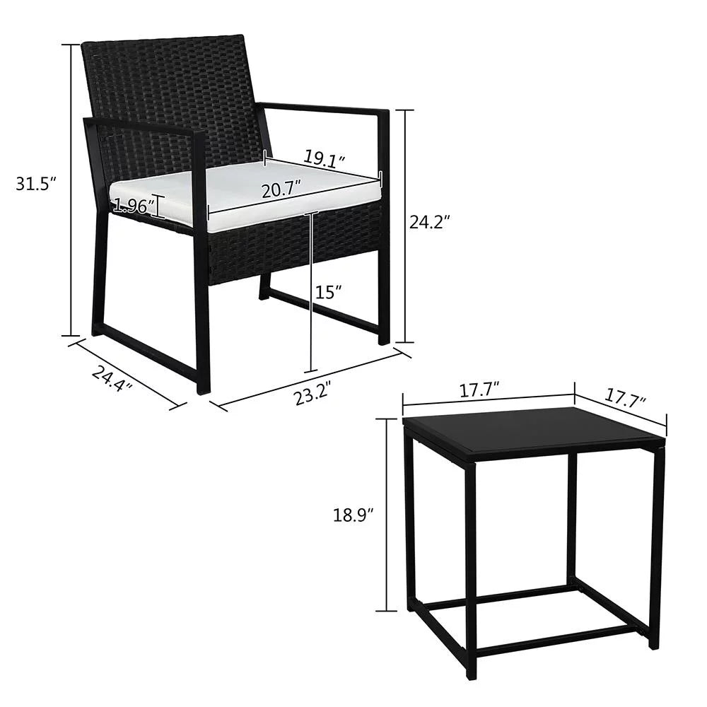 3 Piece Patio Furniture Set with 2 Cushioned Chairs & End Table, Black S2360