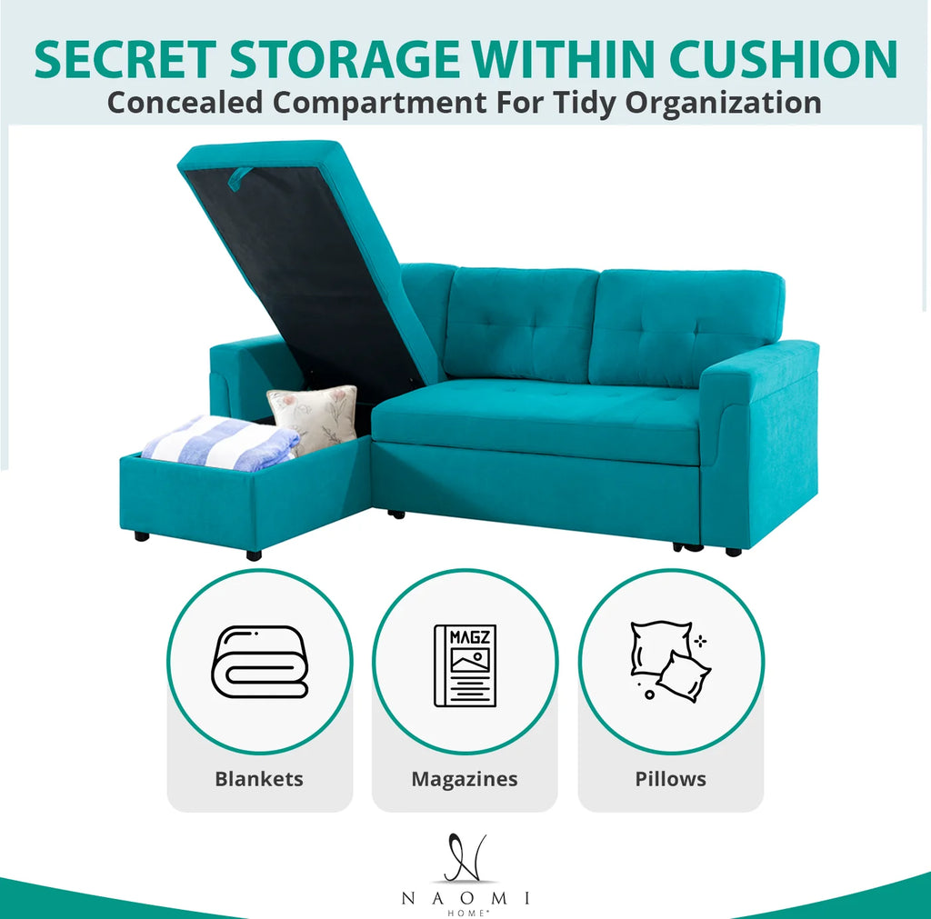 Teal Velvet Reversible Sleeper Sectional Sofa V491