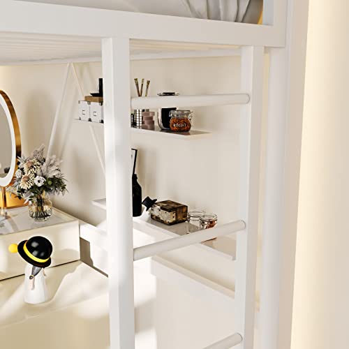 Metal Loft Bed Twin Size with Guardrail and Ladder Cream White V7093