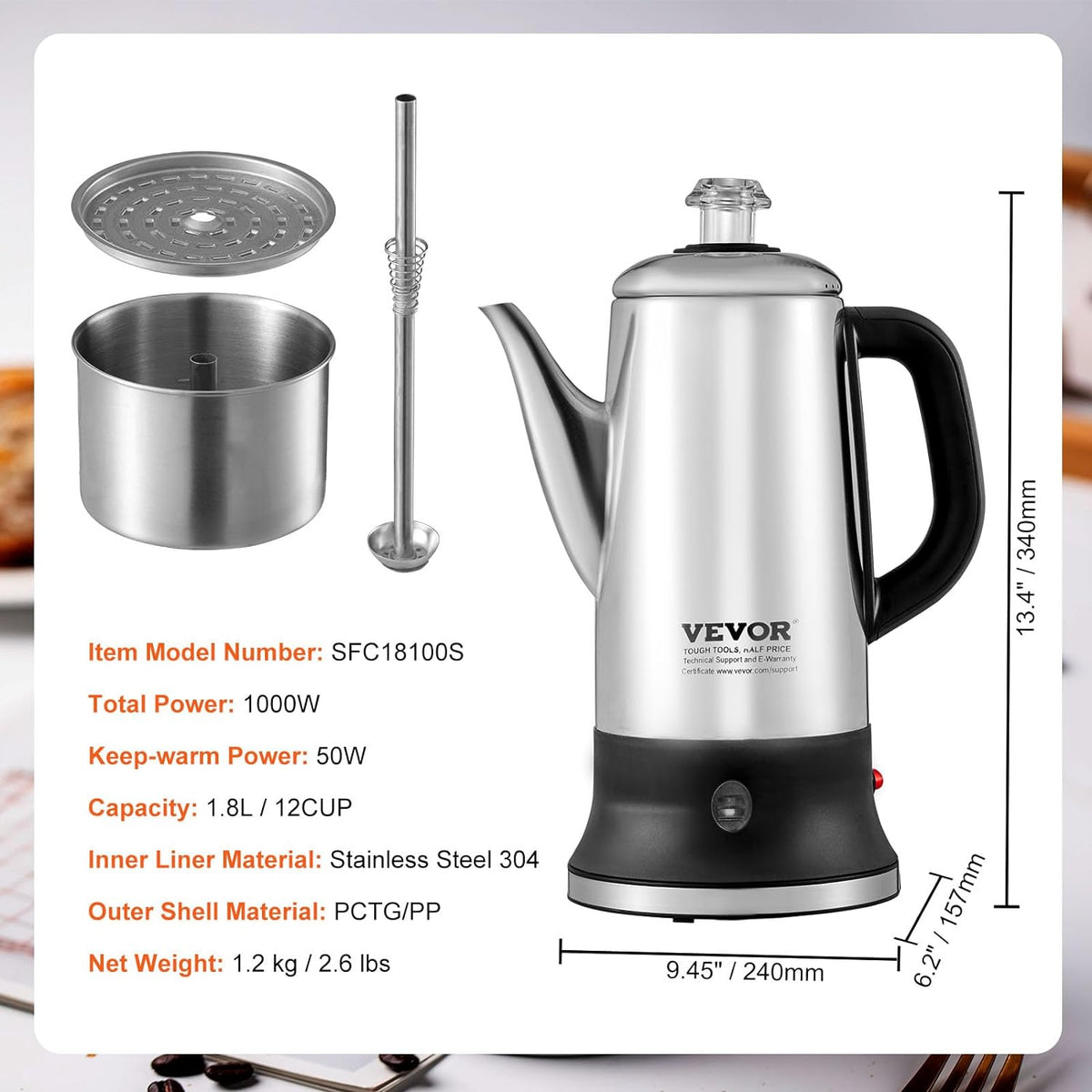 12-Cup 304 Stainless Steel Electric Coffee Percolator L90785