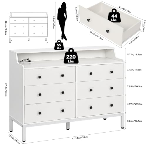 6 Drawer White Wood Dresser with Charging Station K6477