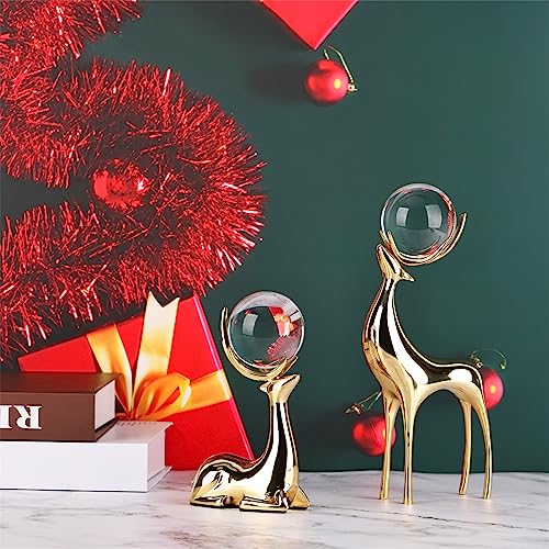 Crystal Ball Reindeer Figurine Statues Set of 2 Copper Reindeer Ornaments U473