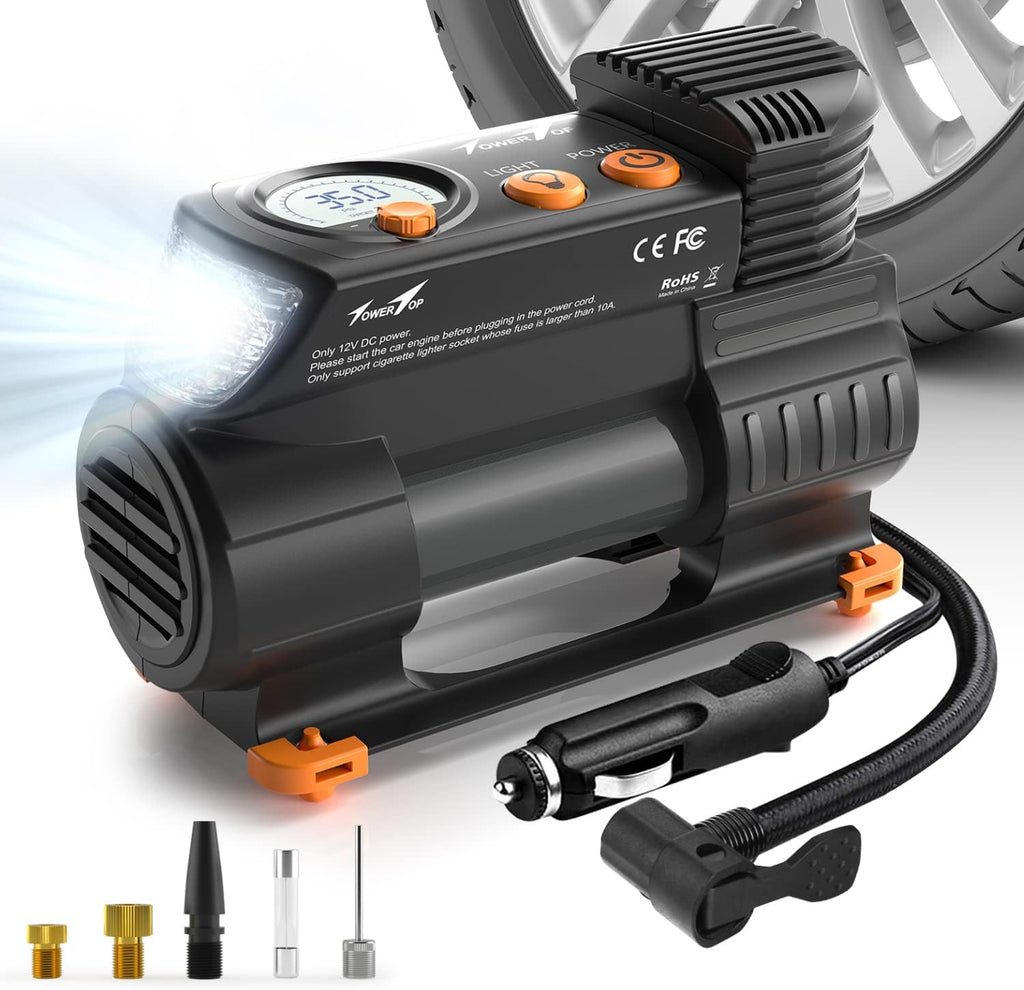 Portable 12V DC Air Pump Tire Inflator with Digital Pressure Gauge, LED Emergency Lights, Pack of 2 J70407