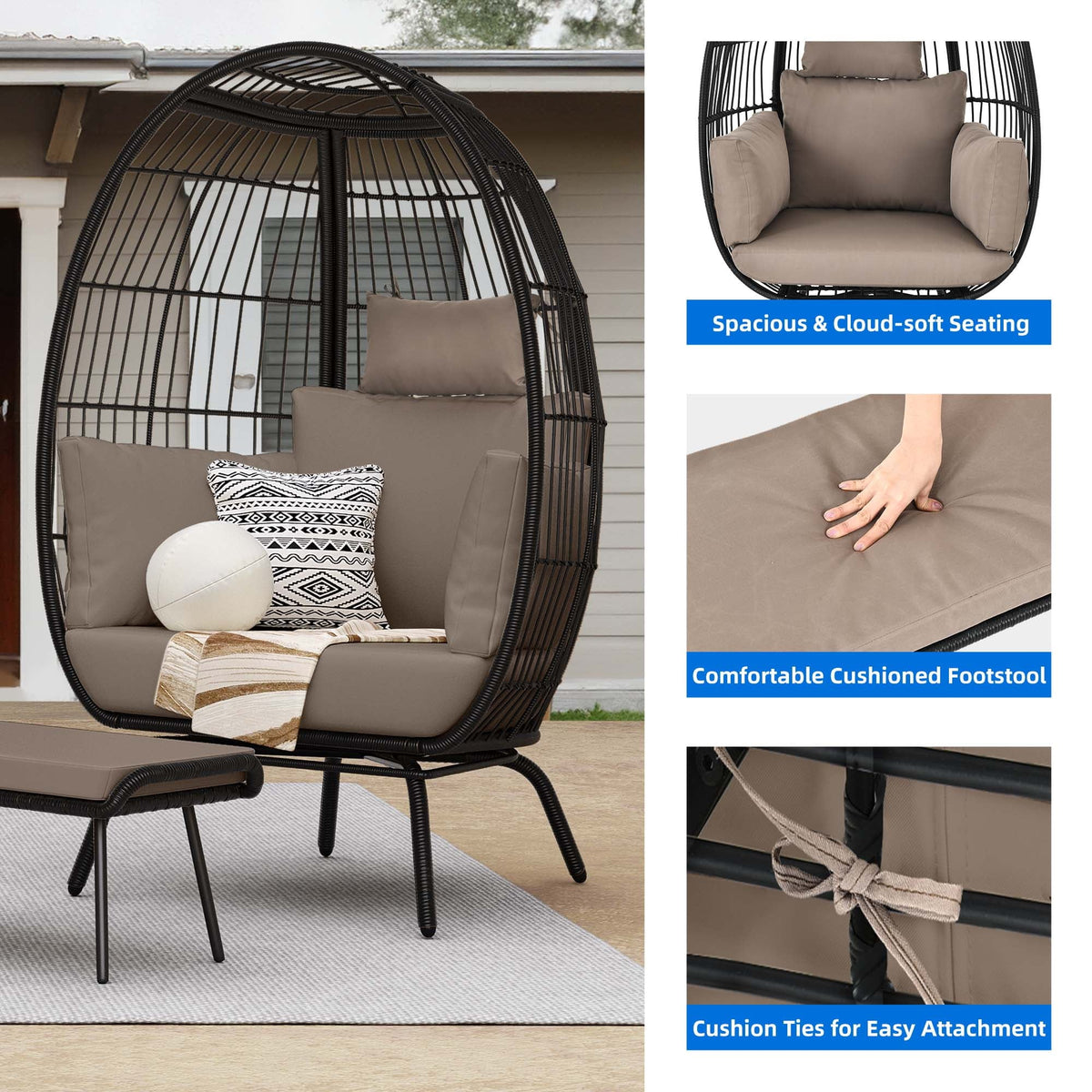 Oversized Wicker Egg Chair with Stand and Cushions Z84041
