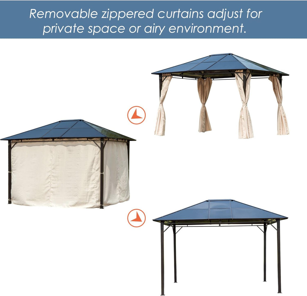 10x12 Hardtop Gazebo with Metal Frame, Polycarbonate Canopy with Curtains V727610