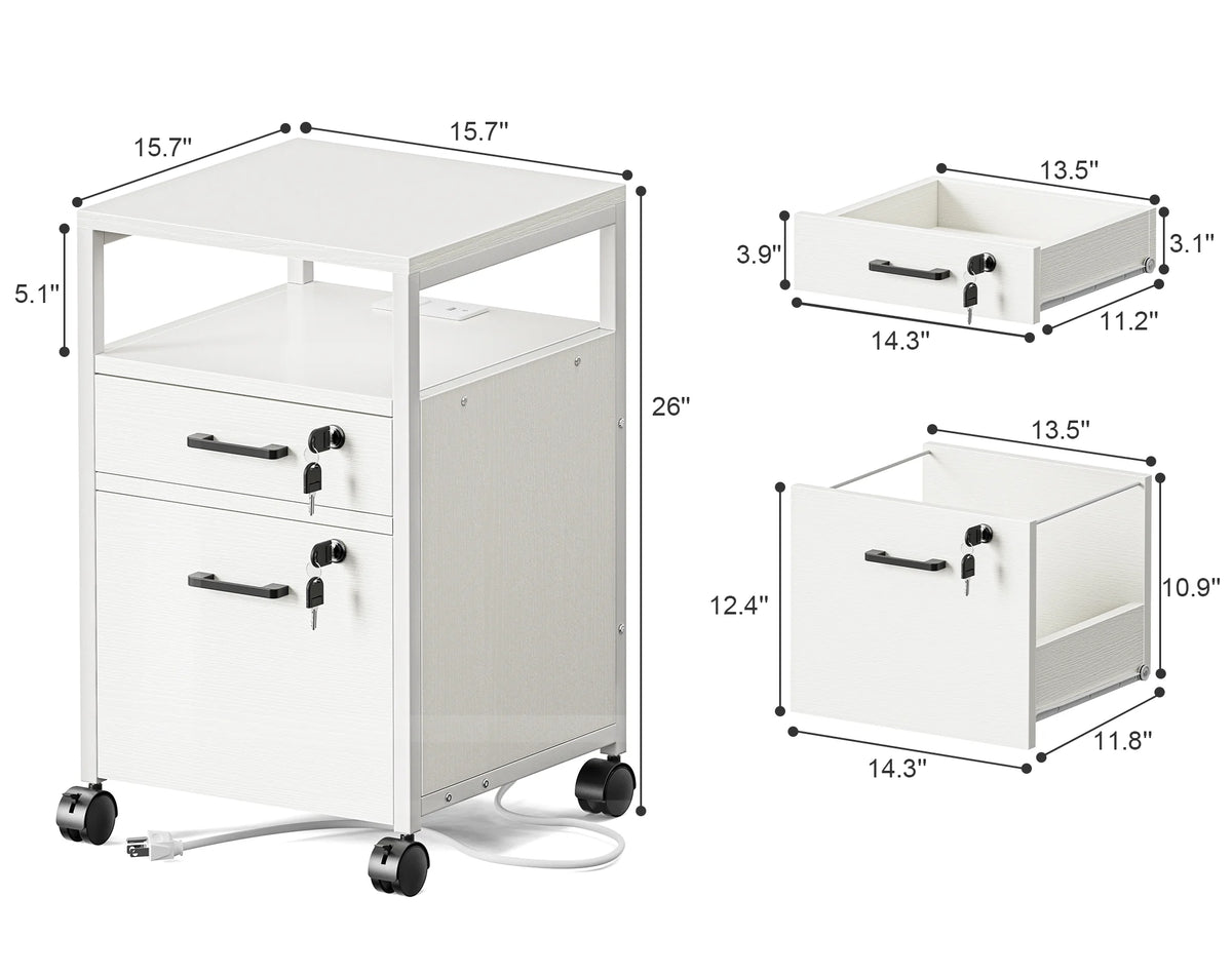 White 2 Drawer Mobile File Cabinet with Lock and Charging Station U911809