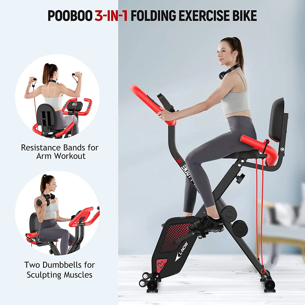 Foldable Magnetic Exercise Bike with Arm Resistance Bands U8748