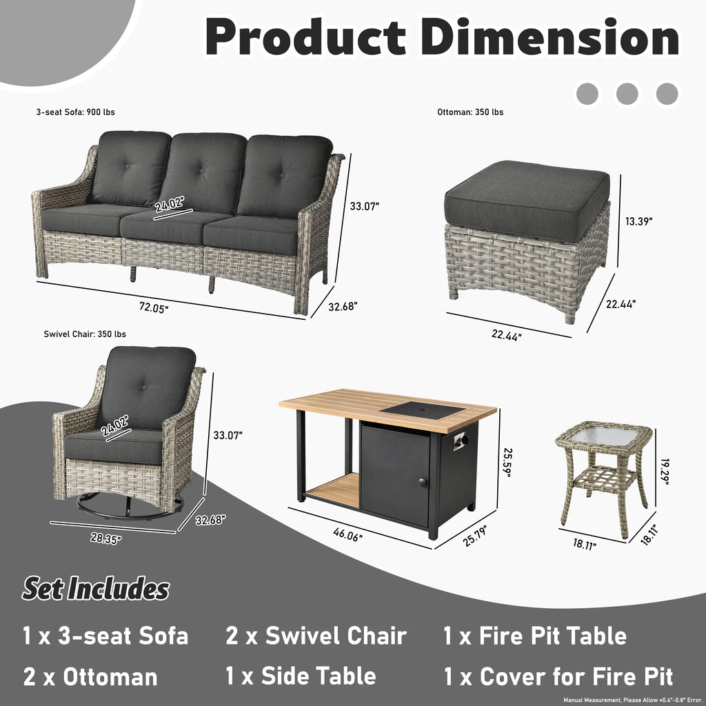 7 Pieces All Weather Wicker Patio Furniture with Fire Pit D26733
