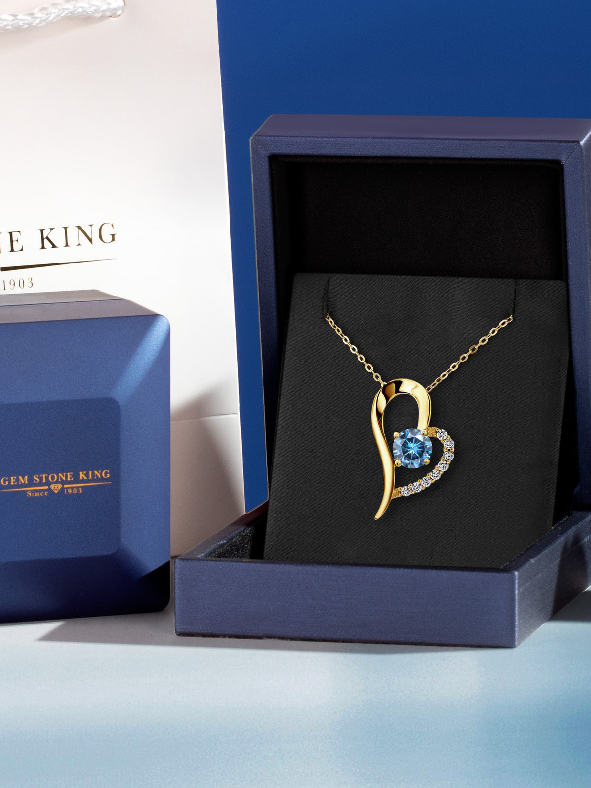 18K Yellow Gold Plated Silver Persian Blue Moissanite Heart Shape Pendant Necklace with 18 inch Chain E21049