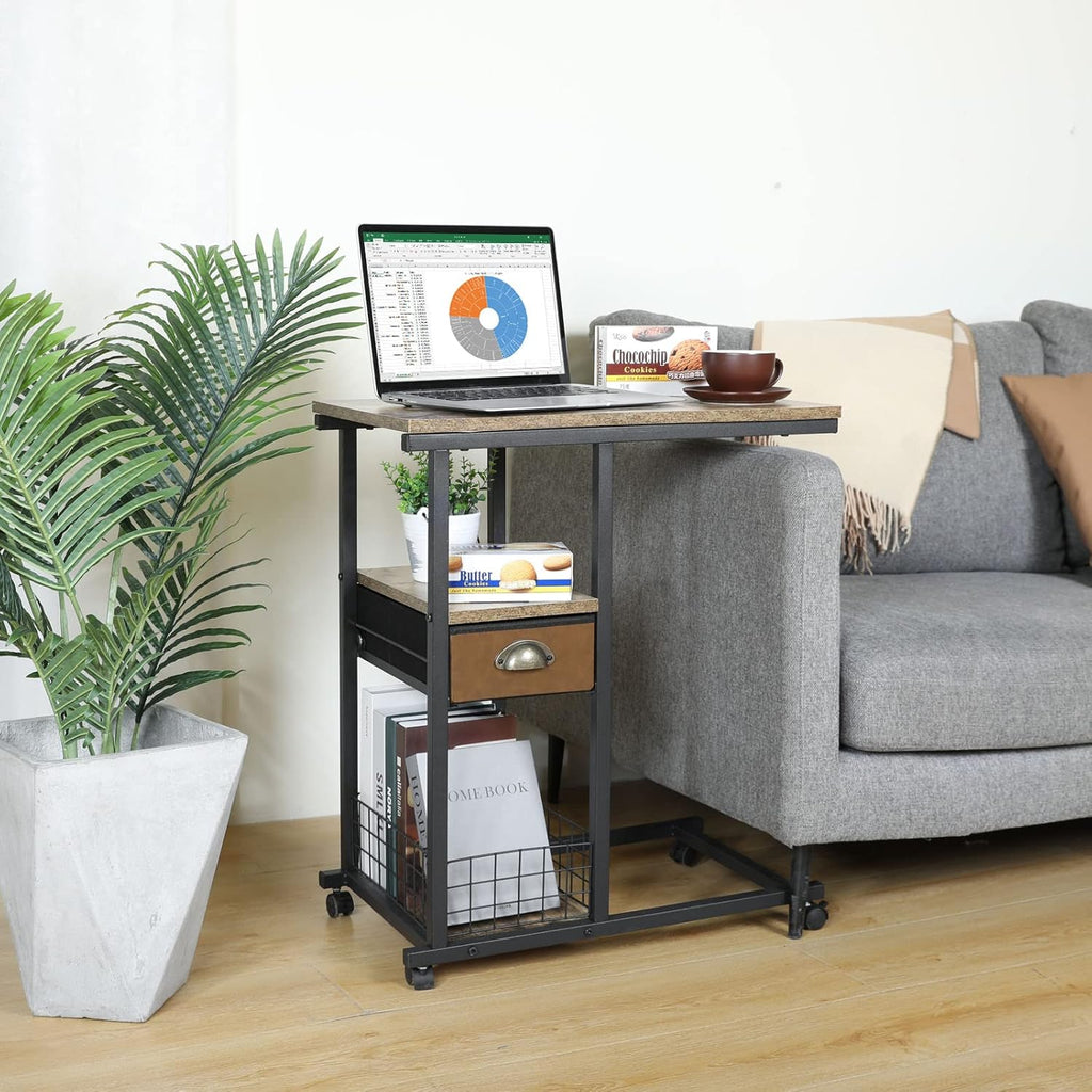 C Shaped Couch Side Table with Drawer, Rolling Bedside Desk C401963