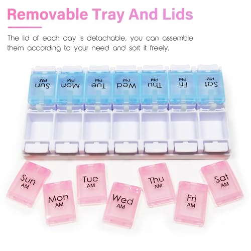 Large 7 Day Pill Organizer 2 Times a Day, AM PM Pill Box, 14 Dividers Vitamin Holder with Push Button M126