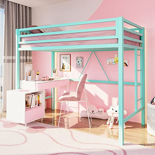 Metal Loft Bed Twin Size with Guardrail and Ladder Cream White V7093
