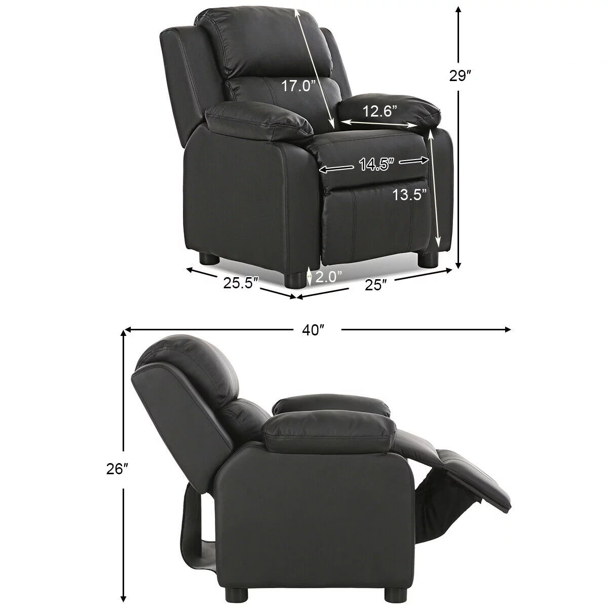 Padded Kids Sofa Armchair with Storage Arm Black M311
