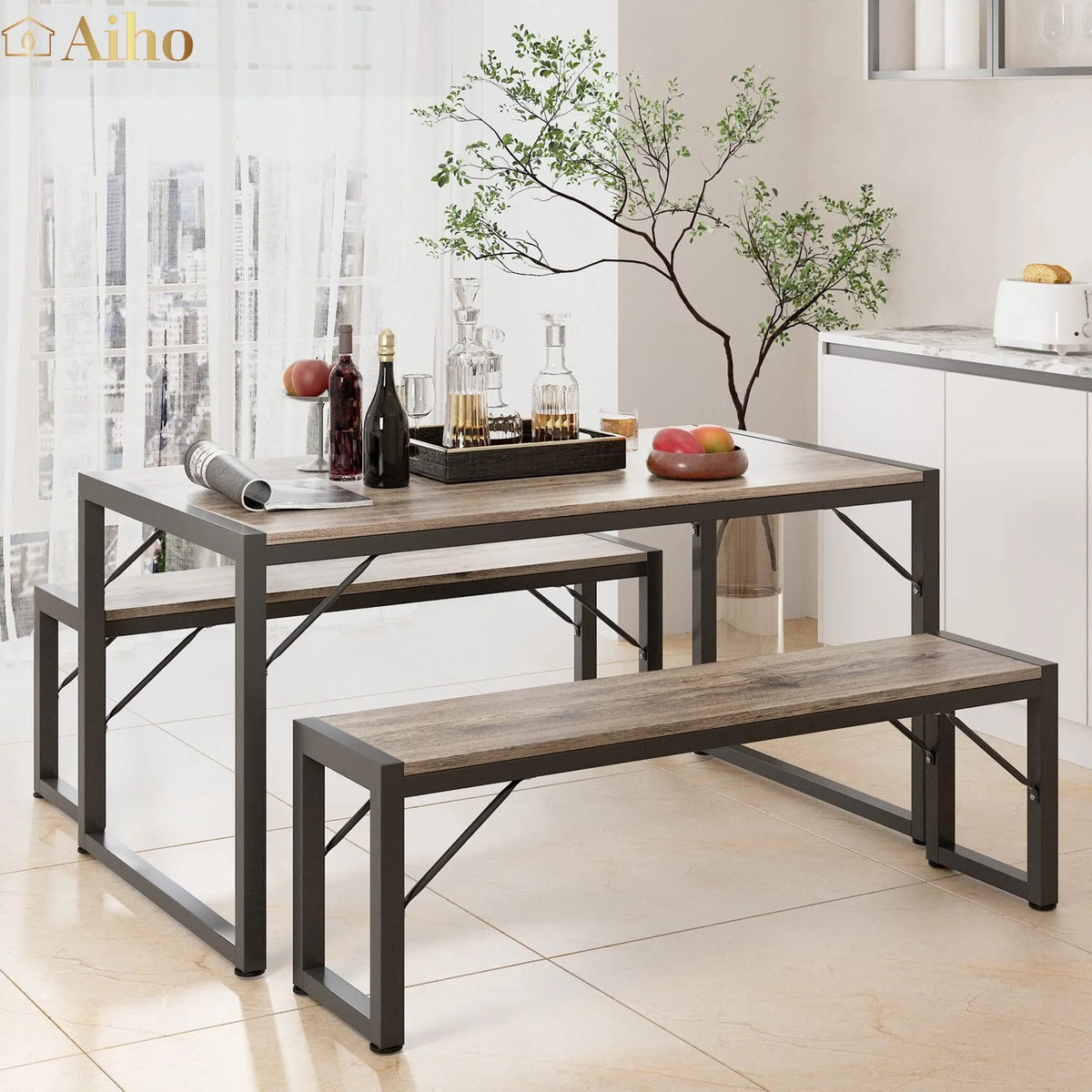 Gray Dining Table Set for 4 with 2 Benches T934168