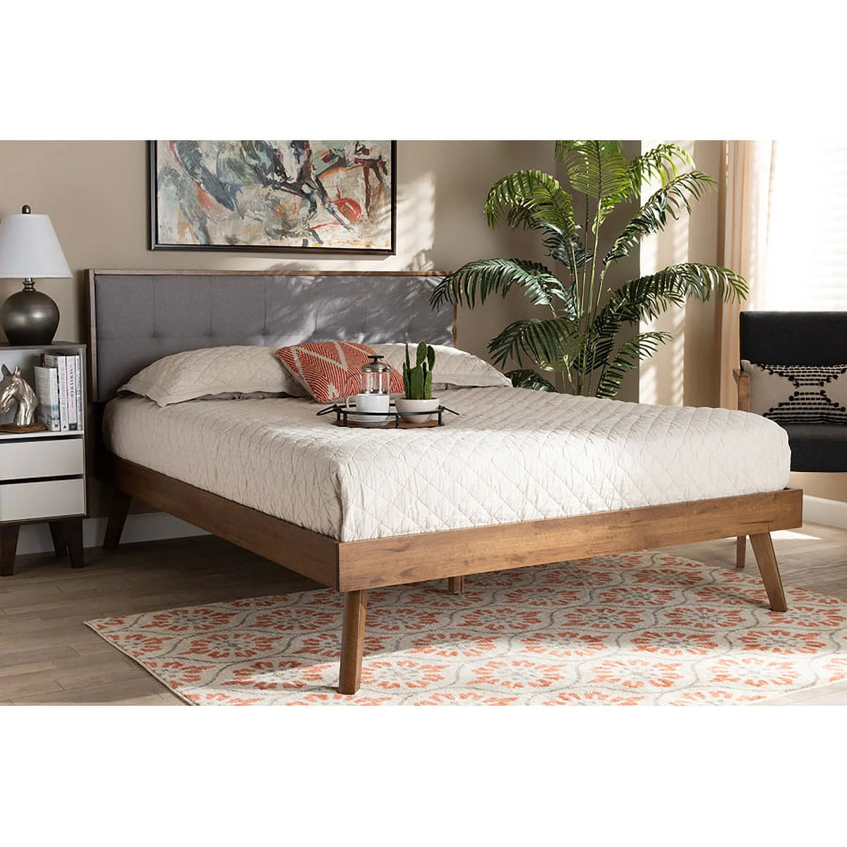 Light Grey Fabric Upholstered Walnut Brown Wood Queen Size Platform Bed B95644