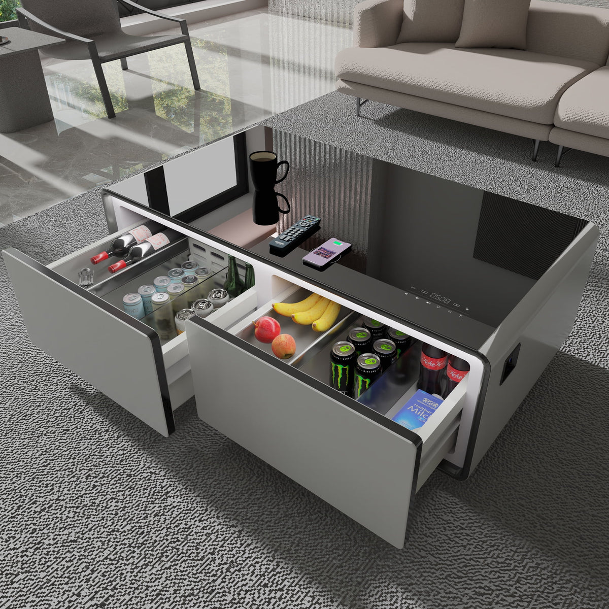 White Smart Coffee Table with Fridge and Bluetooth Speakers K308