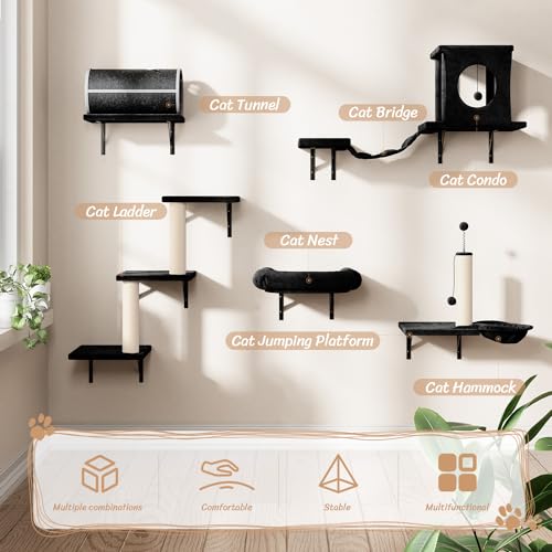 7-in-1 Wall Mounted Cat Climber Set with Cat House, Tunnel, Bridge, Tree, Steps, Scratcher Board and Hammock (Grey) U414