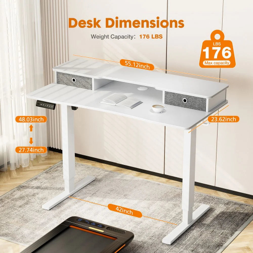 Height Adjustable Electric Standing Desk with Storage Shelf Double Drawer White X824