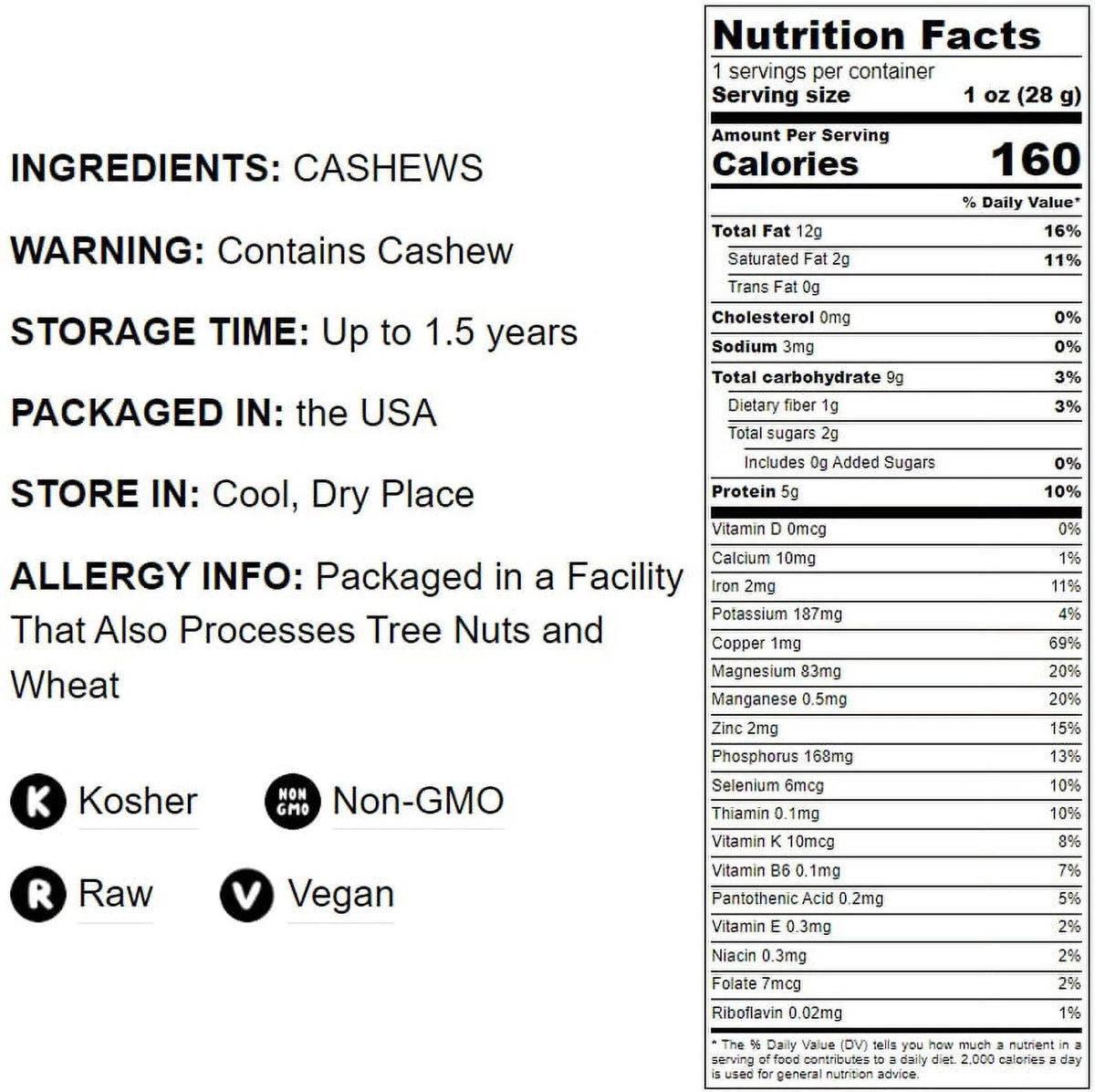 Whole Cashews W320 8 Pounds Raw S1362