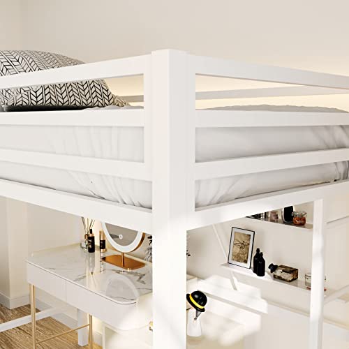 Metal Loft Bed Twin Size with Guardrail and Ladder Cream White V7093