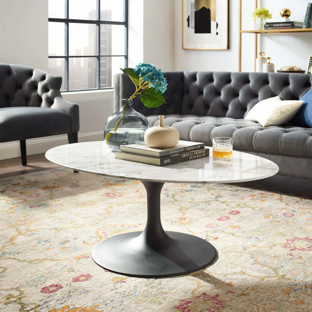 Oval Coffee Table Artificial Marble Stone Metal Black White F81384
