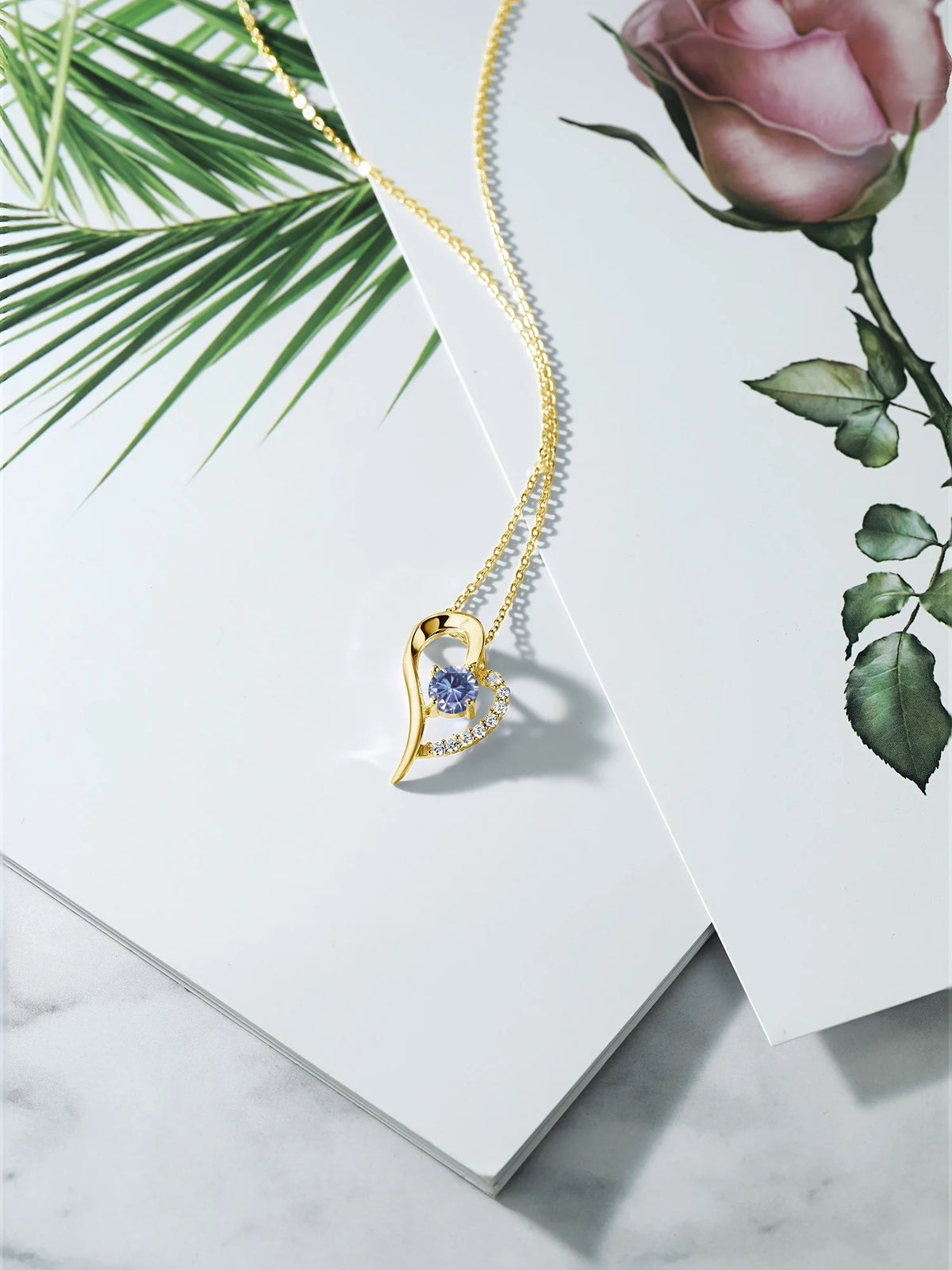 18K Yellow Gold Plated Silver Persian Blue Moissanite Heart Shape Pendant Necklace with 18 inch Chain E21049