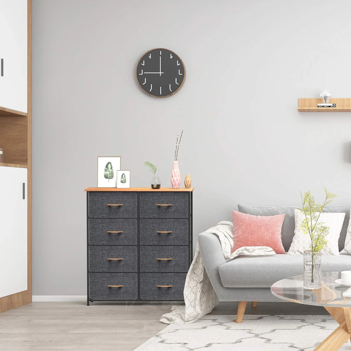 Fabric Dresser with 8 Drawers Steel Frame Wooden Top Dark Gray D4466