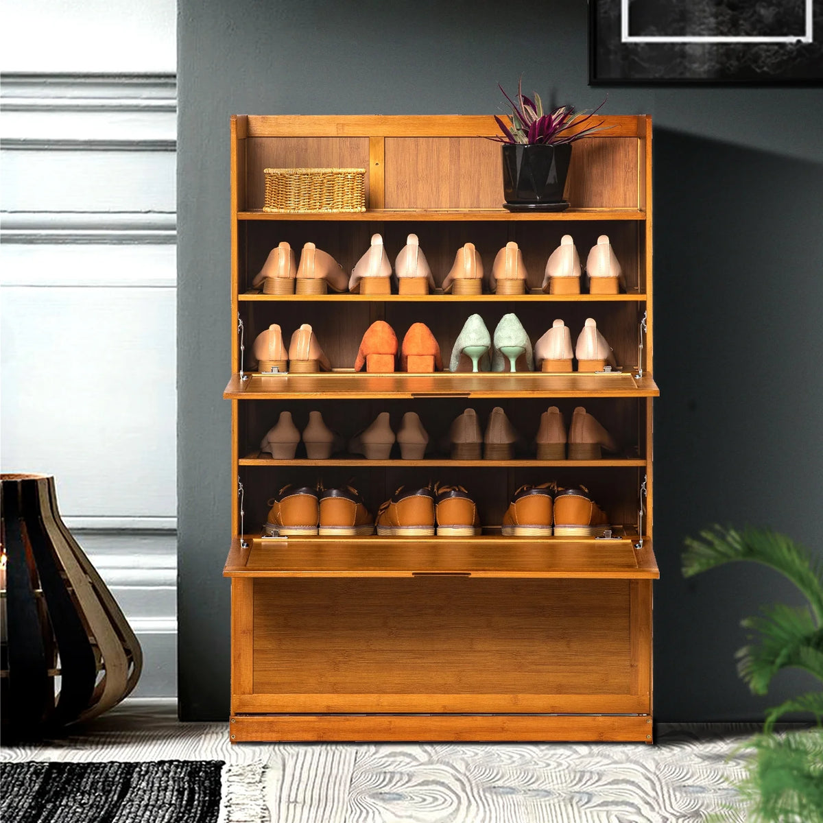Bamboo 7 Tier 24 Pairs Shoe Organizer Rack Cabinet, Brown D34922
