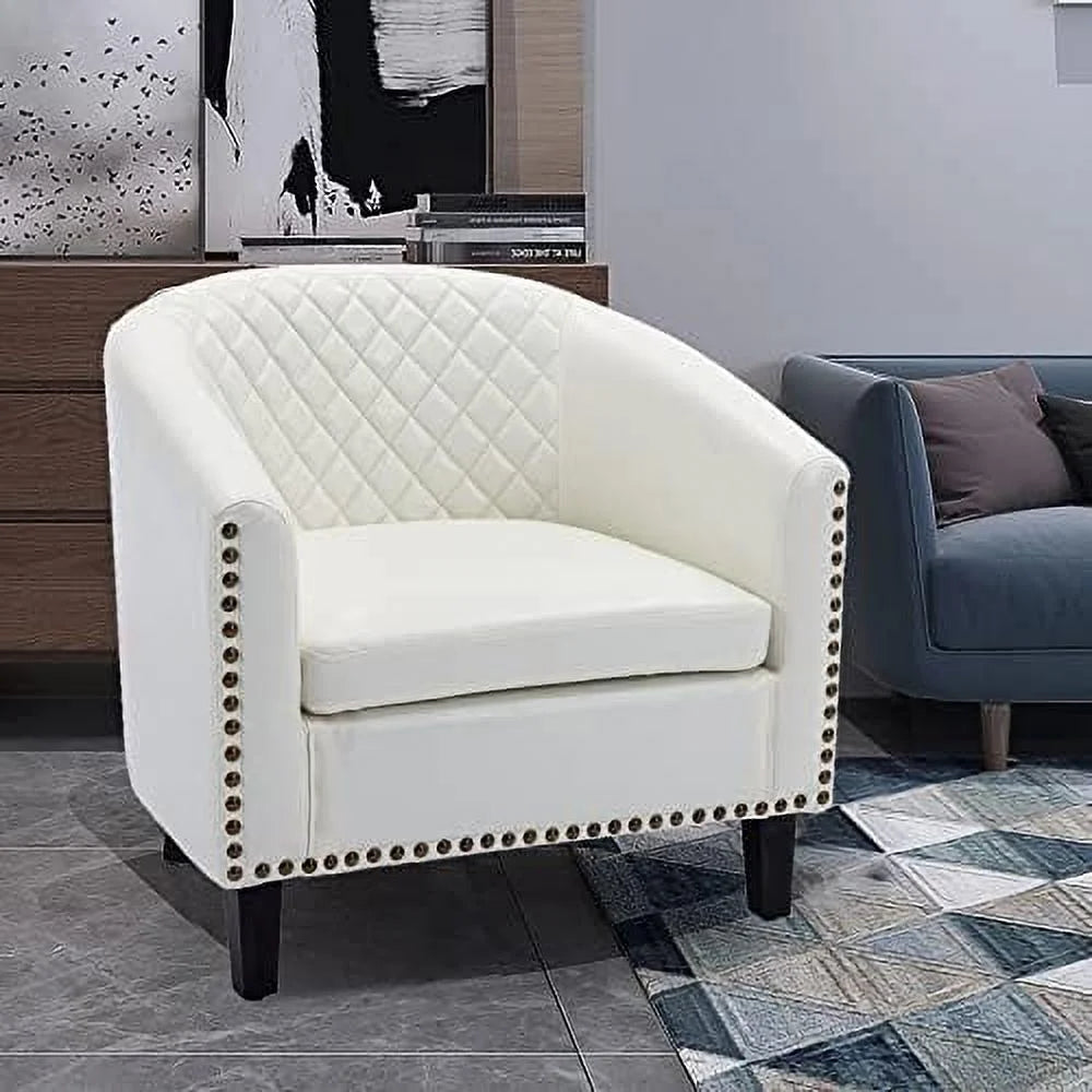 White Faux Leather Barrel Club Chair with Solid Wood Legs Q8621