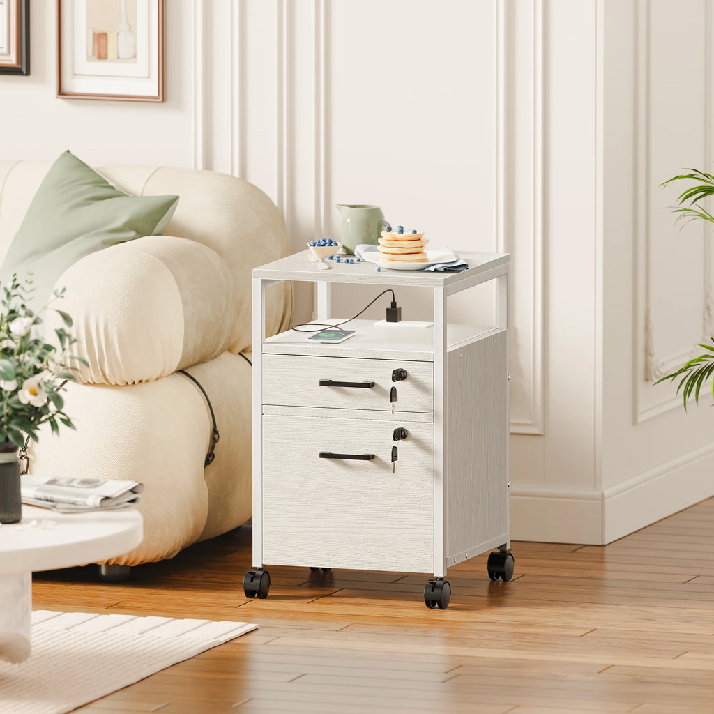 White 2 Drawer Mobile File Cabinet with Lock and Charging Station U911809