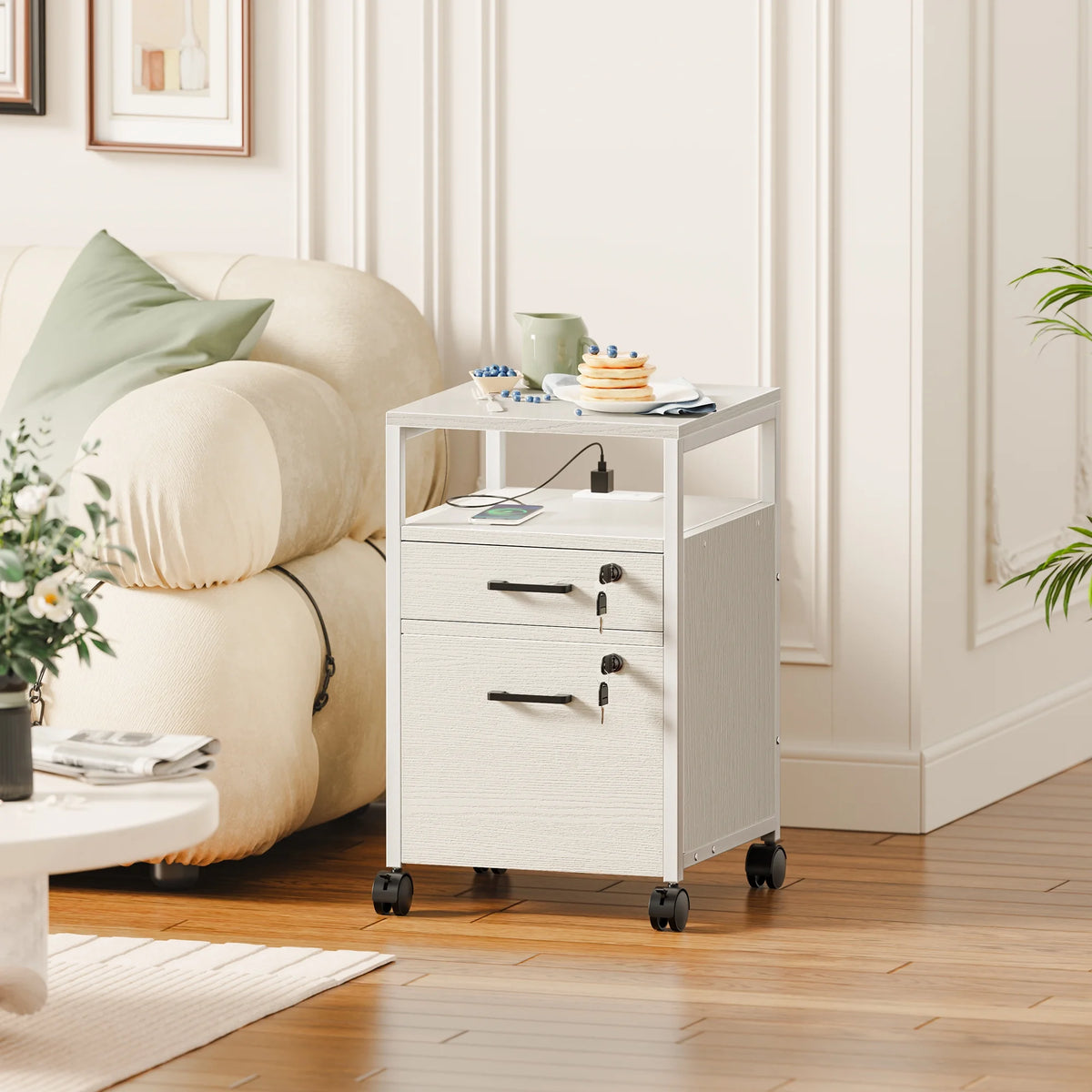 White 2 Drawer Mobile File Cabinet with Lock and Charging Station U911809