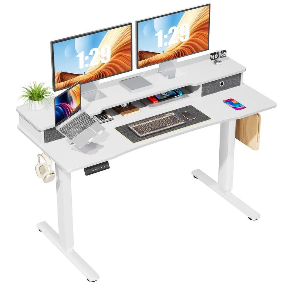 Height Adjustable Electric Standing Desk with Storage Shelf Double Drawer White X824