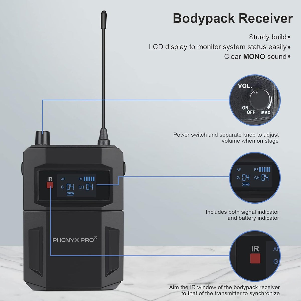 UHF Mono Wireless in-Ear Monitor System with Metal Transmitter and Bodypack Receiver C2610