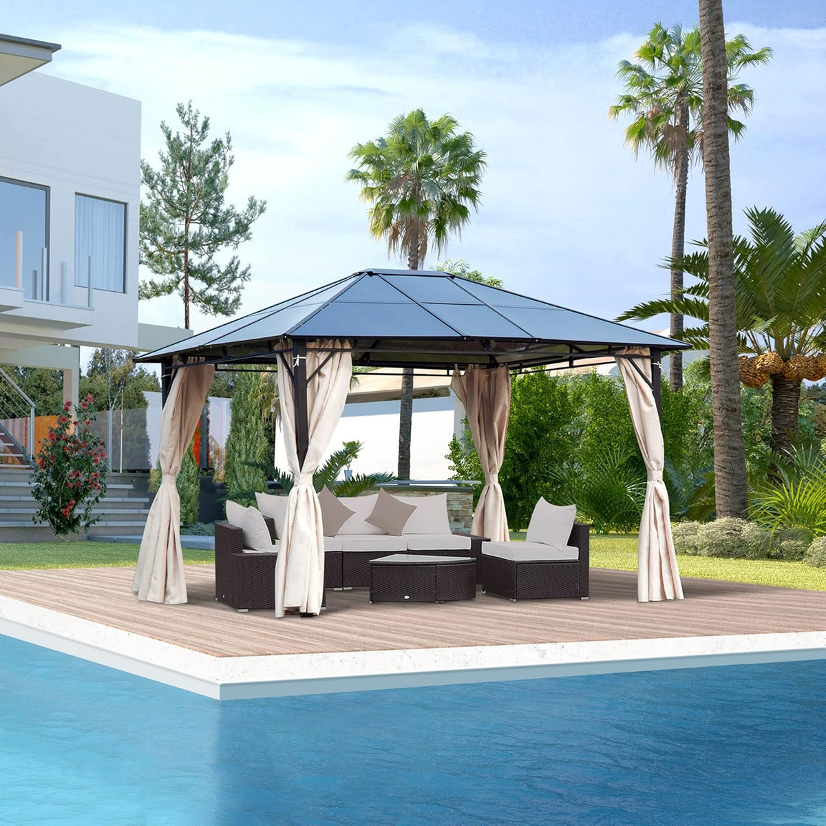 10x12 Hardtop Gazebo with Metal Frame, Polycarbonate Canopy with Curtains V727610