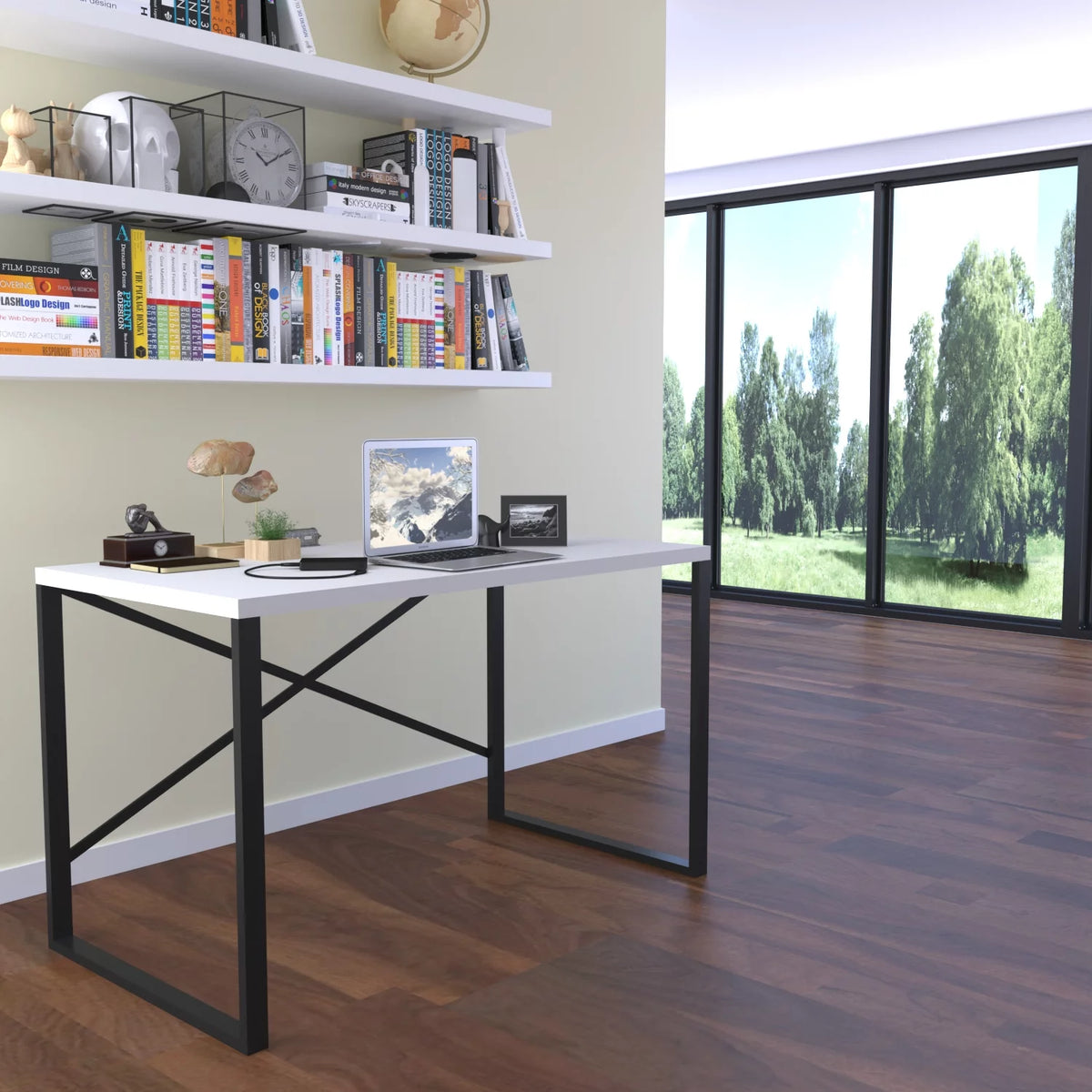 Black Metal Frame Wooden Top Writing and Computer Desk C932