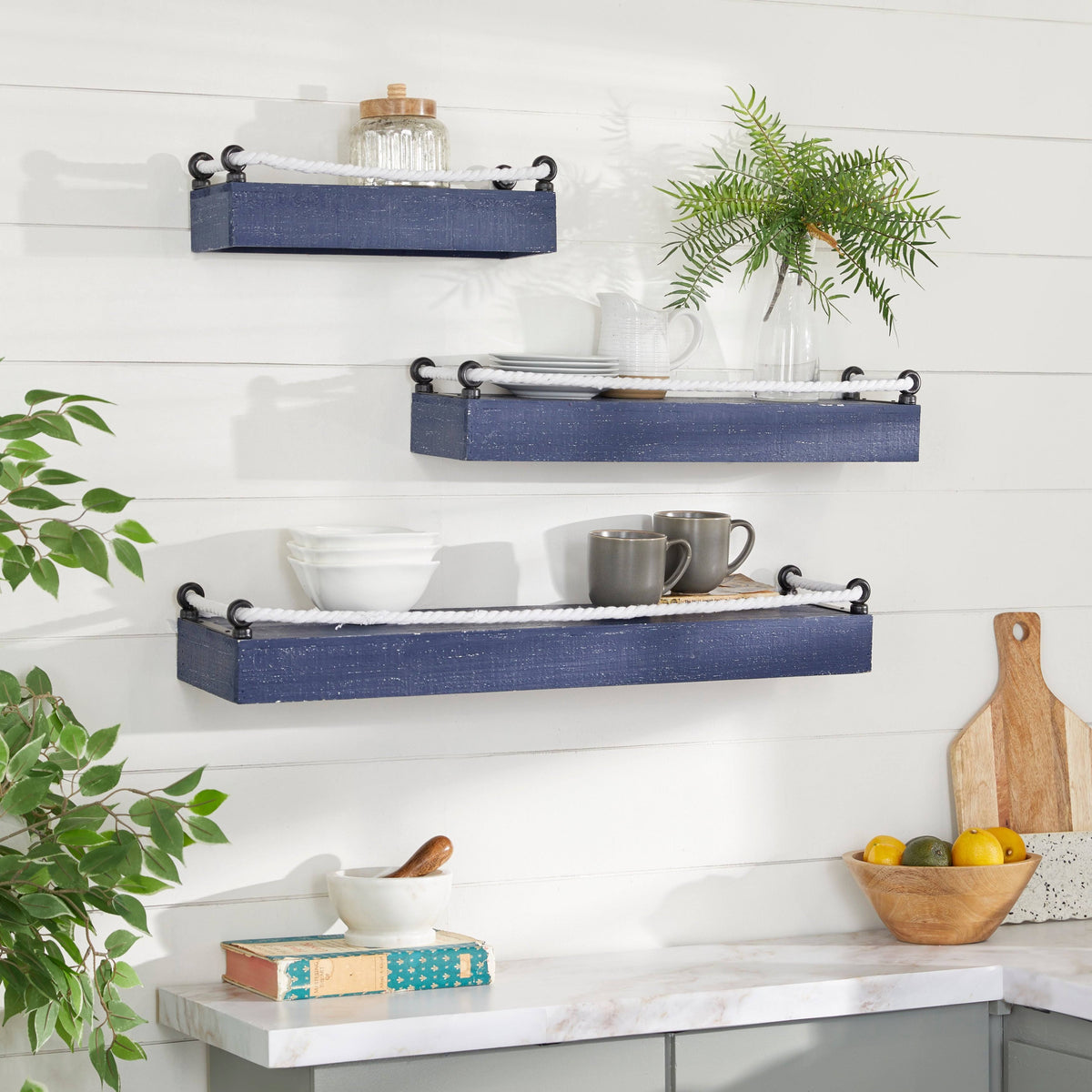 Blue Wood Wall Shelf, Set of 3 V294