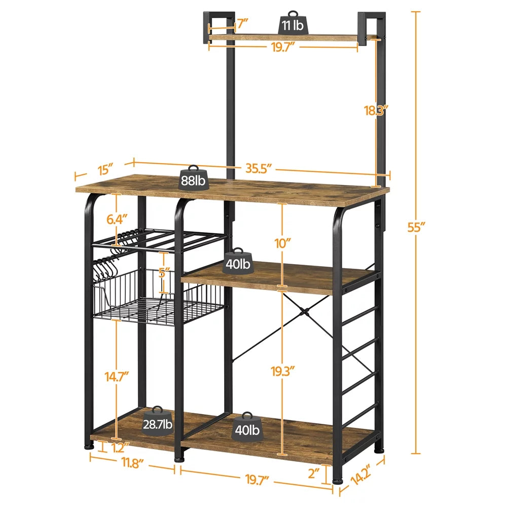 35.5" Kitchen Storage Shelf Baker's Rack with 10 Hooks E6641