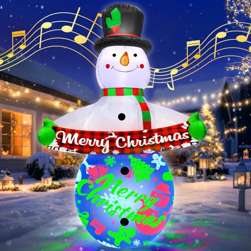 7FT Christmas Inflatables Snowman with Built-in Music & 360° Rotation Colorful Projector LED Light B220470