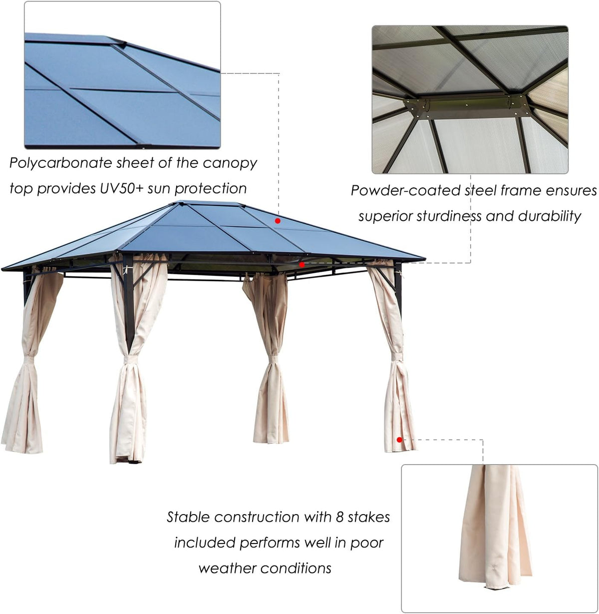 10x12 Hardtop Gazebo with Metal Frame, Polycarbonate Canopy with Curtains V727610